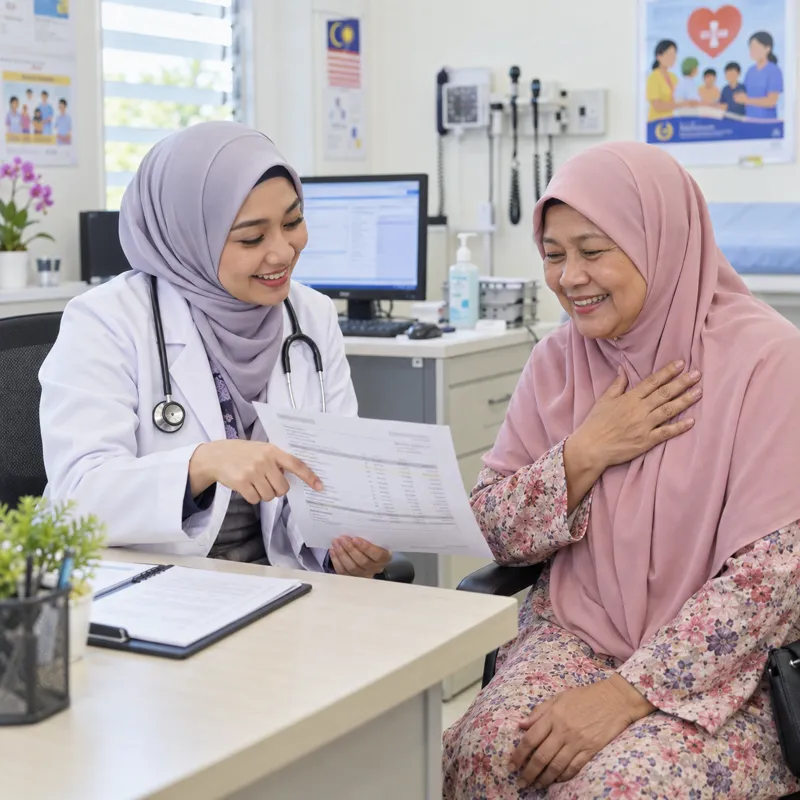Doktor senyum tunjuk kertas result kepada mak cik