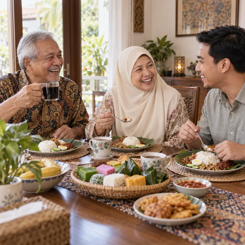 Keluarga sarapan hujung minggu, ayah pegang secawan kopi
