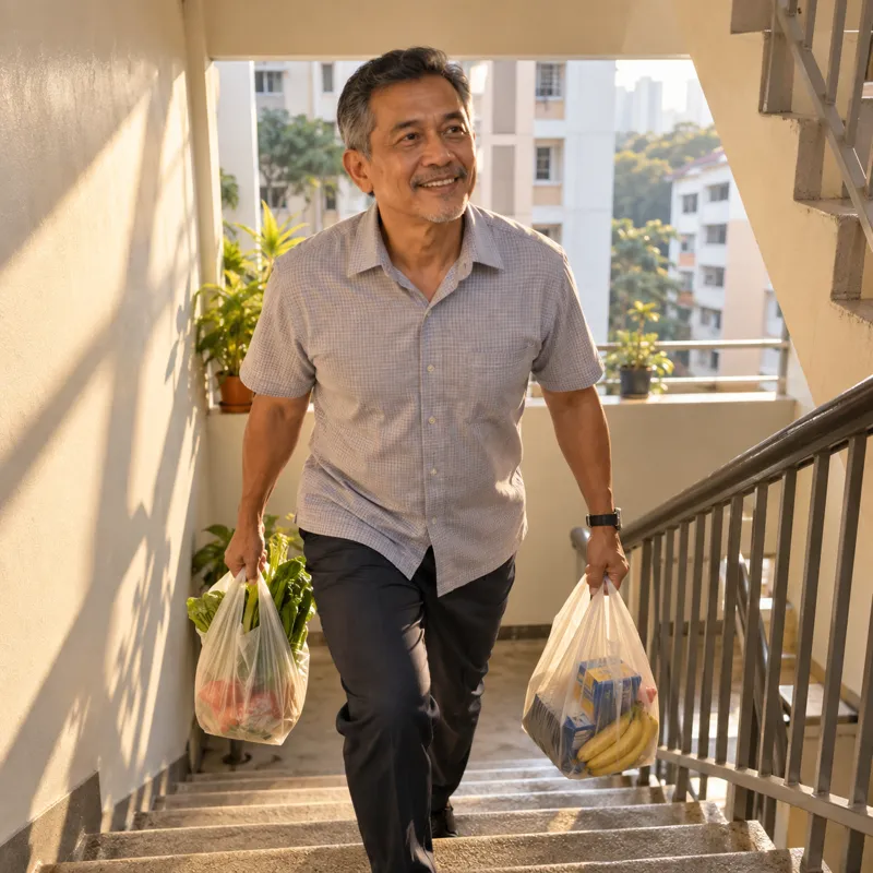 Lelaki naik tangga bawa beg barang dapur