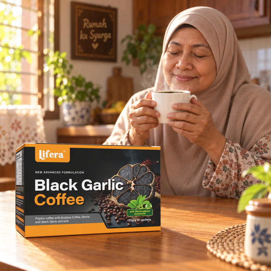Mak cik bertudung hidu aroma secawan kopi, kotak Lifera di atas meja