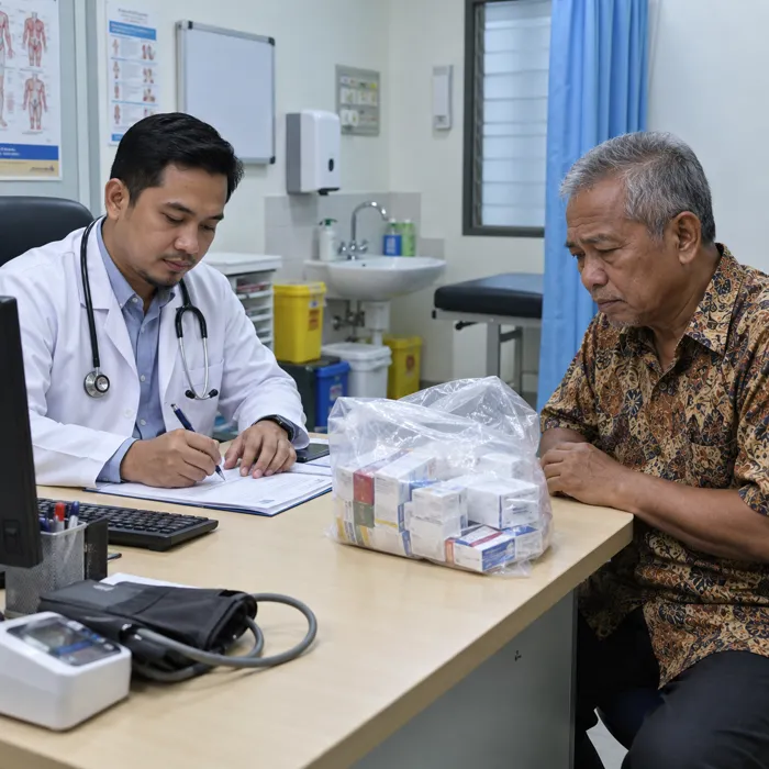 Pesakit tengok plastik ubat atas meja doktor