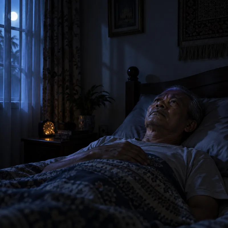 Pak cik terjaga tengah malam, tangan di dada