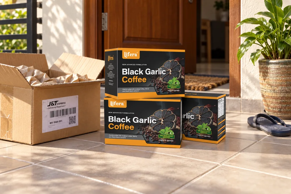 3 kotak Lifera Black Garlic Coffee sampai depan pintu rumah