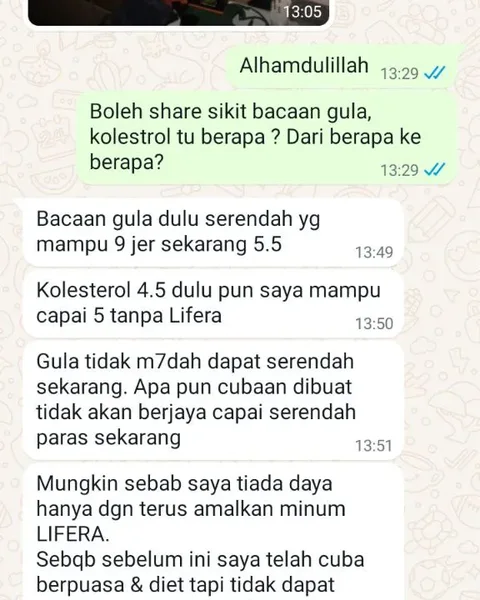 Screenshot gula 9 turun ke 5.5 dan kolesterol 4.5